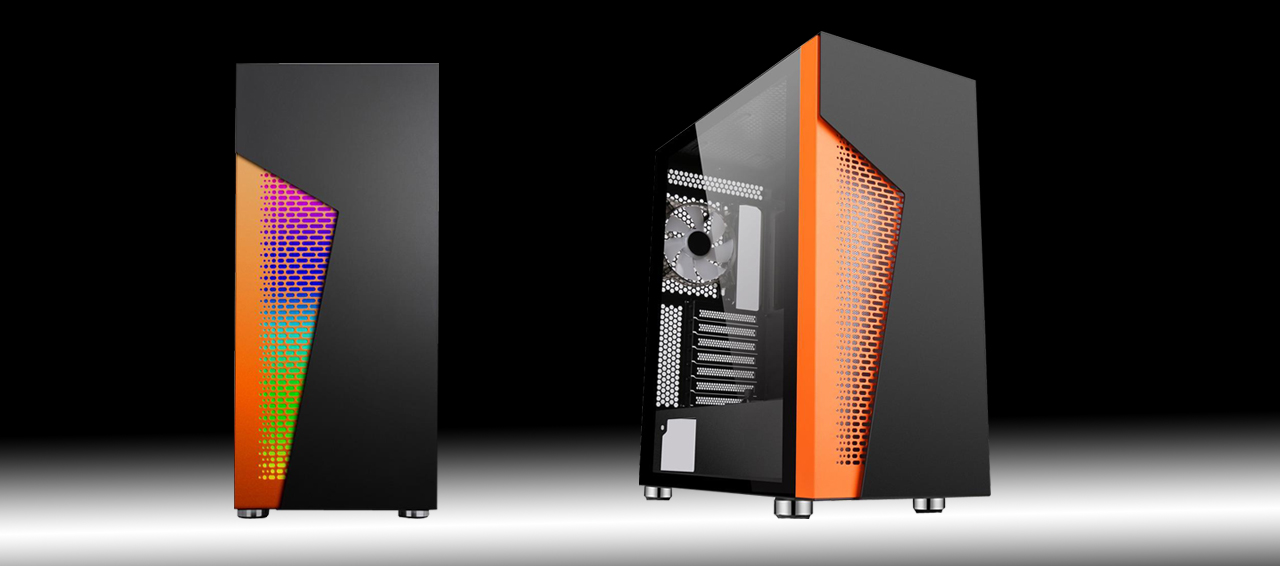 Two DIYPC IDX2-O-ARGB ATX Mid Tower Computer Cases with one illuminating ARGB light and facing front and the other illuminating no light and being tilted slightly to the right.